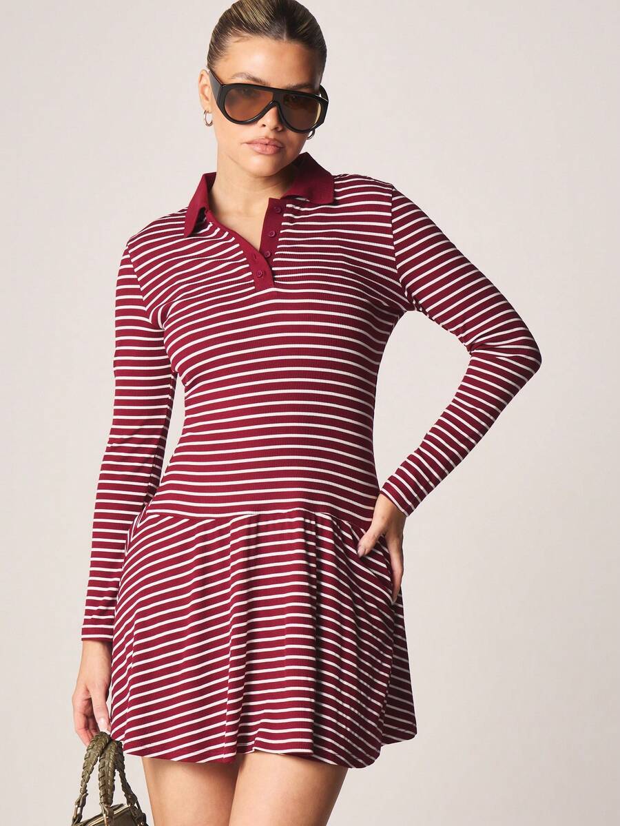 MISSGUIDED 秋冬休闲装长袖罗纹针织条纹 Polo 领迷你连衣裙,正面纽扣设计 - 紅色 - 查看 1