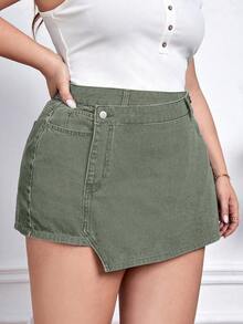 EMERY ROSE Plus Size Solid Color Crossover Waist Wrap Slant Pocket Casual Denim Shorts - Army Green - View 1