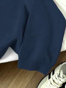 Elamini Women's Casual Solid Color Pullover Sweater - Navy Blue - View 3