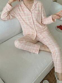 青少年女孩宽松格子图案编织长袖开衫和裤子家居服套装，浅粉色女士睡衣套装粉色睡衣套装格子睡衣套装纽扣睡衣套装 2 件睡衣套装 - 粉色 - 查看 4