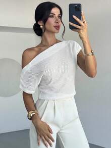 Firerie Áo thun nữ tay cánh dơi bất đối xứng, họa tiết kẻ sọc, thích hợp cho mùa xuân, hè, thu, đi làm, thanh lịch, thường ngày, công sở. - trắng - Xem 4