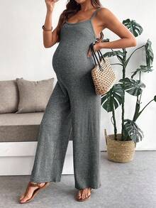 SHEIN 孕妇纯色罗纹休闲日常度假连体裤 - 深灰色 - 查看 6