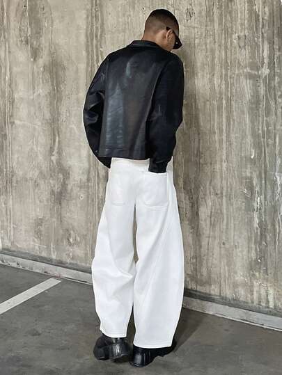 Ngobest Haus Ngobest Haus 1件装水洗工装多口袋牛仔裤，男士个性化筒状宽松休闲裤（不含腰带和配饰）