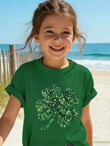St. Patrick's Day Glitter Four-Leaf Clover Pattern Pullover T-Shirt, Green Short Sleeve Crew Neck Casual Spring/Summer Tops, Machine Washable - Green - View 3