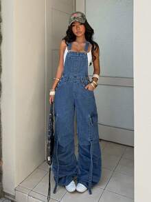 StreetHx Women's Casual Versatile Everyday Denim Jumpsuit With Pockets And Buttons - Blue - View 3