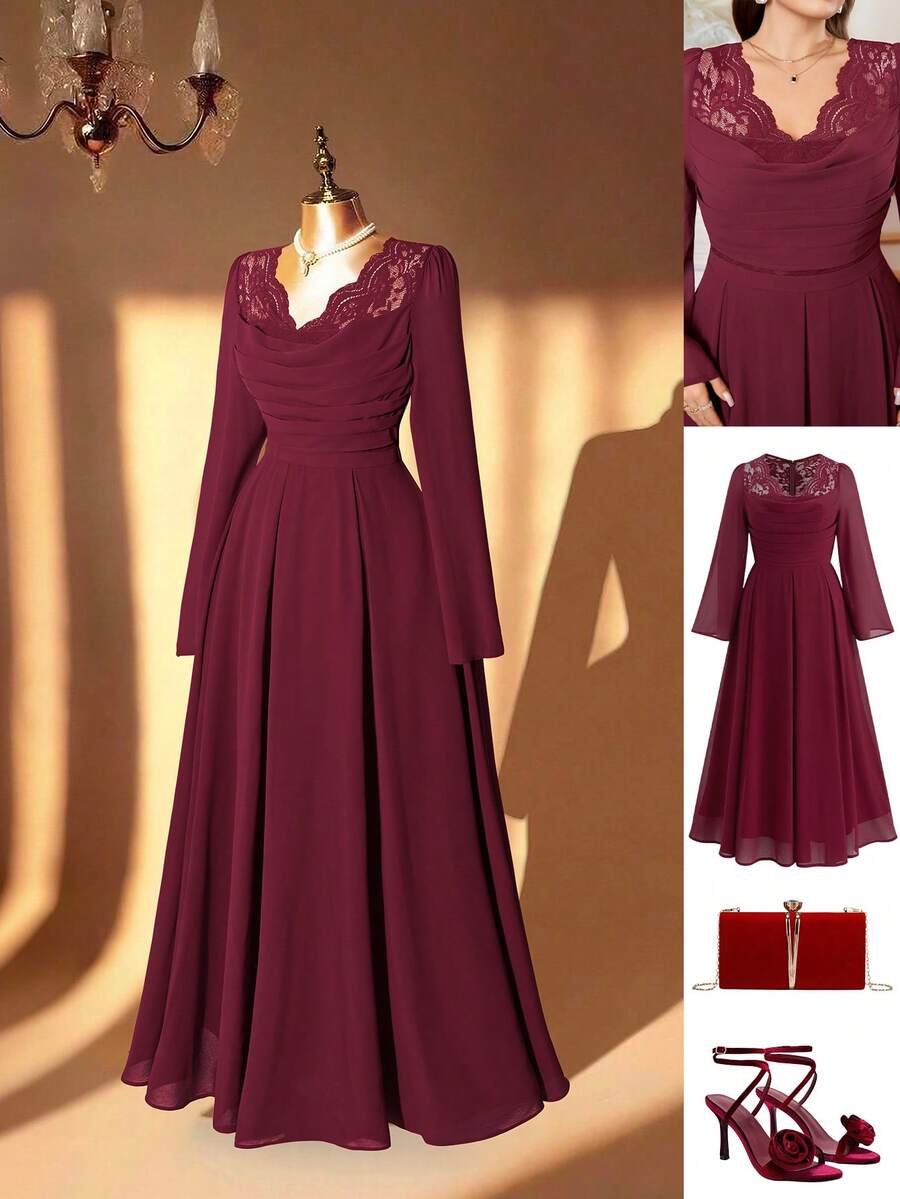 Ellevyn 大码女式蕾丝拼接雪纺喇叭袖连衣裙，优雅长袖飘逸连衣裙，适合春、秋、冬季穿着。 - 酒紅色 - 查看 1