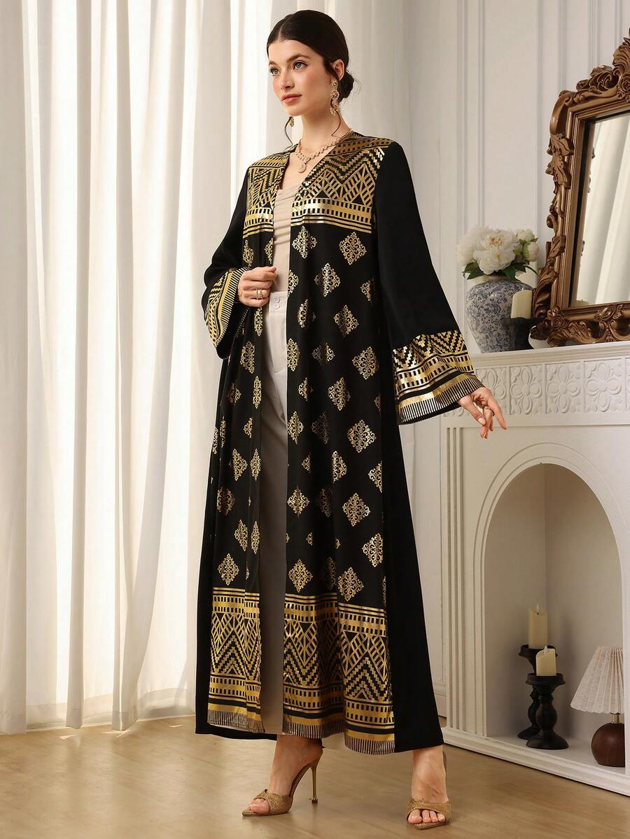 Al Najma Women's Metallic Trim Open Front Casual Abaya, Versatile For Gatherings And Outings - Black - View 1