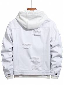 Manfinity Hypemode 男士长袖棉质破洞翻盖口袋牛仔夹克（无帽），秋季款 - 白色 - 查看 2