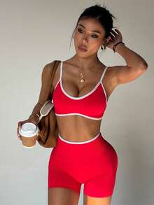 Dewbera 女士撞色滚边无袖舒适透气无缝瑜伽运动服套装 - 紅色 - 查看 4