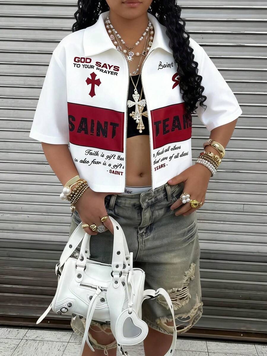 Rovax Women's Collared Zipper Cross Logo Print Casual Versatile Daily Commute Short Sleeve Top - White - View 1