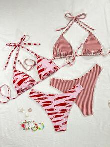 Swim Mod 2026 Spring/Summer Red Fish & Red/White Striped Halter Neck High Cut Sexy Bikini 4-Piece Set - Multicolor - View 3