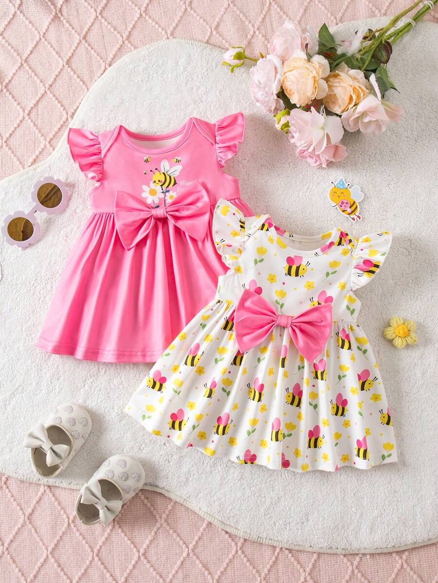 SHEIN 2pcs Newborn Baby Girl Cute Cartoon Pattern Bow Tie Ruffle Sleeve Knit Dress, Pink - Pink - View 1