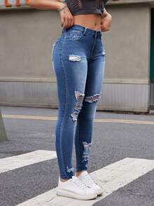 Jeanoix Women's Pocket Distressed Skinny Casual Versatile Jeans - Dark Wash - View 1