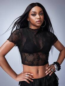 Y2Kool Casual Sexy Urban Chic Minimalist Y2K Fashionable Women Lace Mesh Short Sleeve Bodycon Top, Suitable For Vacation, Date, Party, Wedding, Valentine's Day, Daily, Music Festival, Work, Spring/Summer, For Women.Going Out,Sexy, Elegant,Civil Wedding,Wedding Guest, Music Festival, Musician, Night Club - Black - View 4