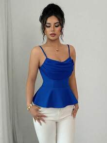 Elenzga Sleeveless Ruffled Collar Cinched Waist Elegant Romantic Women Tank Top - Royal Blue - View 5