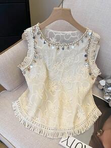 Franclia Women's Summer Vacation Floral Sequin Fringe Trim Sleeveless Top - Apricot - View 1