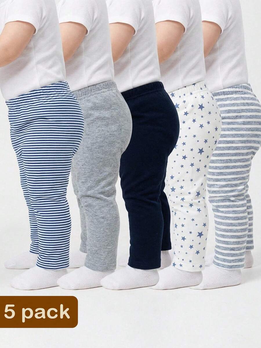 SHEIN Playful Pals 5条装男女通用婴儿条纹星形印花裤，舒适休闲裤 - 軍綠色 - 查看 1