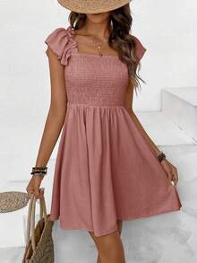 SHEIN Frenchy 女士纯色简约A字裙，日常穿着 - 藕粉色 - 查看 4