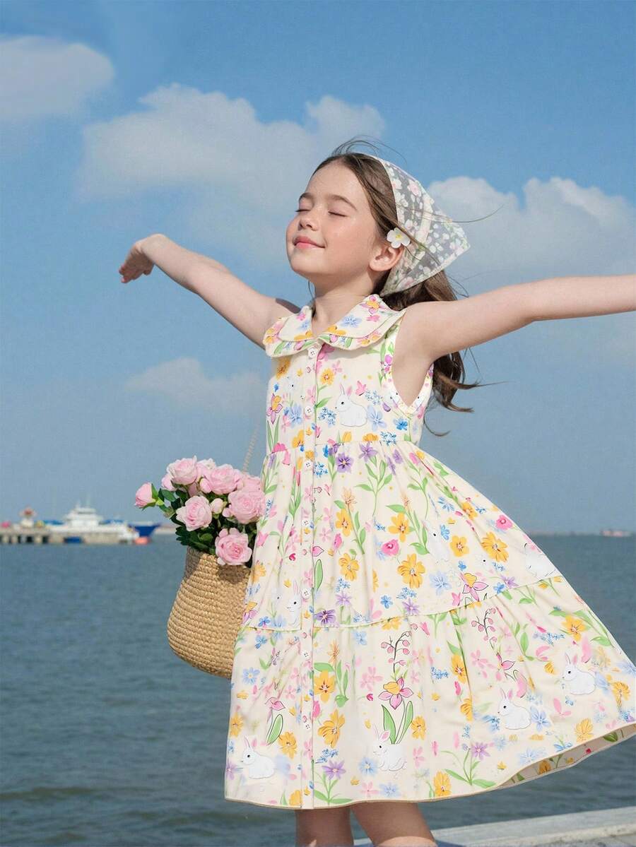 SHEIN Elladie kids 女童碎花印花翻领无袖A字连衣裙,优雅甜美风格,适合日常穿着和度假。 - 彩色 - 查看 1