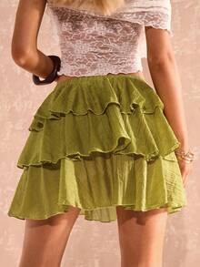 SHEIN Glamour SHEIN 魅力性感层叠荷叶边雪纺半身裙，适合感恩节、海滩、优雅场合、社交活动、度假、夏季假日穿着。这款荷叶边半身裙采用不对称设计，层叠剪裁，绿色层叠裙摆，是夏季女士度假的理想之选。 - 綠色 - 查看 2