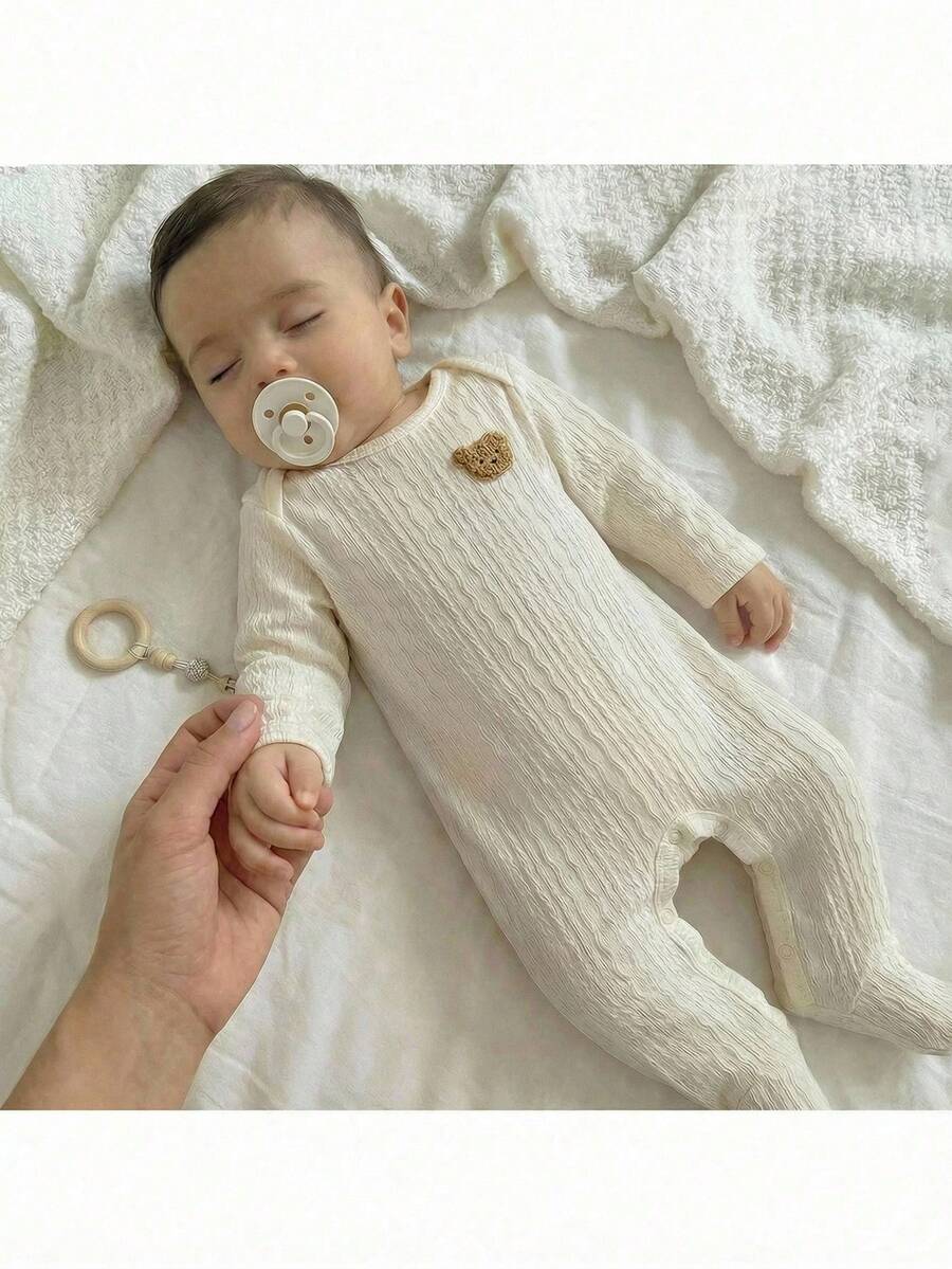 Loomiva 新生儿男女宝宝卡通熊纹理条纹柔软针织和服领长袖连体衣，居家穿着舒适保暖 - 白色 - 查看 1