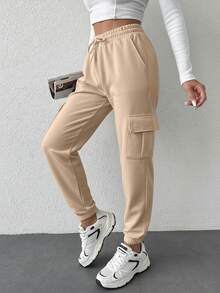 100%Cotton Flap Pocket Side Drawstring Waist Cargo Pants - Beige - View 4