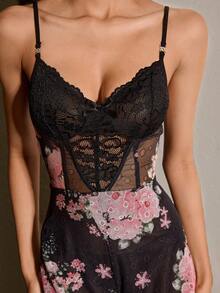 Slumberist Bộ jumpsuit hai dây hở lưng cổ chữ V, họa tiết hoa màu đen gợi cảm dành cho nữ, chất liệu lưới xuyên thấu và ren, phối ren. - màu đen - Xem 6