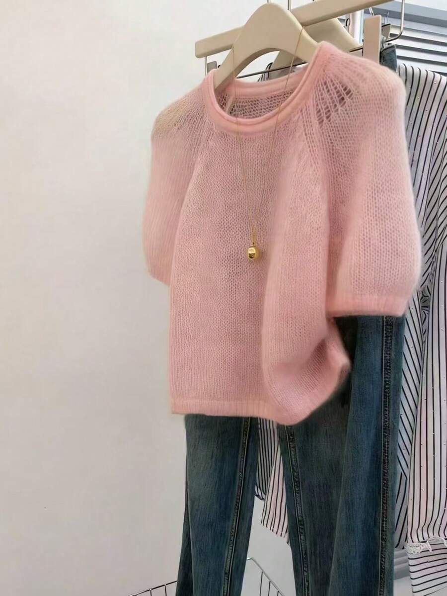 SHEIN Blusa de punto de cuello redondo de manga corta clásica - Rosa - Ver 1