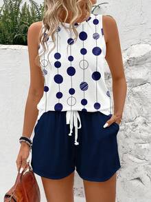 EMERY ROSE 2pcs/Set Plus Size Women's Navy Blue Polka Dot Round Neck Camisole And Shorts Set,Summer Smart Casual Holiday Two Pieces Outfits Sleeveless Top Set - Multicolor - View 1