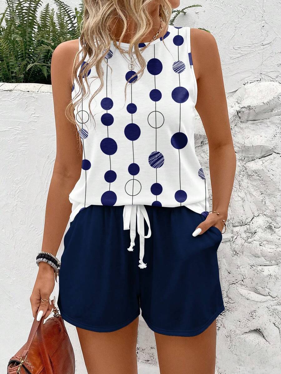 EMERY ROSE 2pcs/Set Plus Size Women's Navy Blue Polka Dot Round Neck Camisole And Shorts Set,Summer Smart Casual Holiday Two Pieces Outfits Sleeveless Top Set - Multicolor - View 1