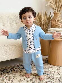 Souflis Souflis 2件套幼儿男童碎花休闲两件套衬衫外套和裤子套装，适合春秋季穿着 - 彩色 - 查看 9