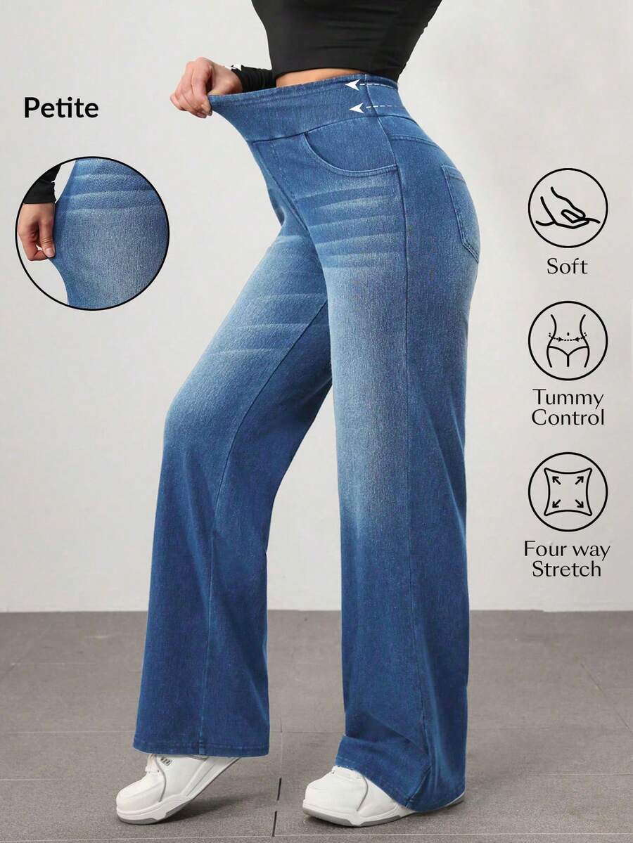 Flexra Petite Quần Jeans Ống Rộng Dáng Rộng Có Túi Lưng Thun Cho Nữ - Rửa nhẹ - Xem 1