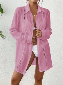 Swim Vcay Kimono de manga larga de unicolor, con bordado hueco, versátil y casual para cubrir - Rosa vieja - Ver 5