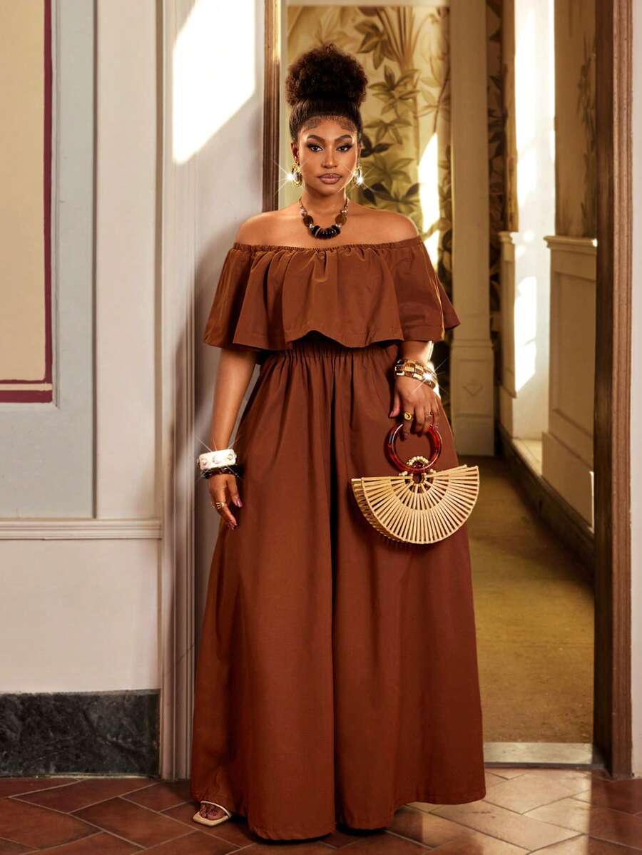 Maweii Plus Size Women's Chocolate Brown Off Shoulder Ruffle Wide Leg Jumpsuit, Elegant Fit For Spring & Summer Vacation & Casual Outings - Brown - View 1