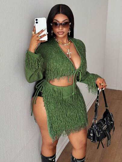 Maweii Plus Size Women's Sexy Beach Vacation Solid Color Deep V-Neck Tassel Front Tie Cropped Sweater And Tie Sweater Skirt Set, Spring/Summer