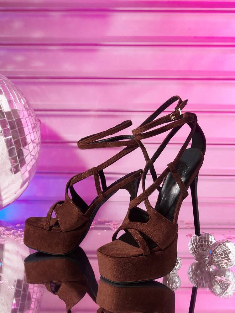 CUCCOO LuxiPop 4.5cm Platform 14.5cm Super High Heel Criss-Cross Strap Open Toe Velvet Solid Color Sexy Nightclub Runway Thick Bottom Women's High Heel Sandals, Suitable For Spring/Summer, Vacation, Travel, 2000s Style