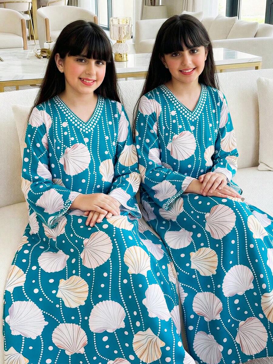 Vestido de estilo medio oriental para niña preadolescente, vestido de manga larga con estampado retro digital de perlas y conchas, adecuado para ir al trabajo, salidas y uso diario - Azul - Ver 1