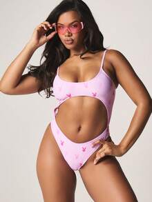 Missguided x Playboy 兔子印花镂空连体泳衣，圆领设计，适合夏季海滩度假、泳池派对、海滩休闲和夏季假期穿着。 - 彩色 - 查看 1