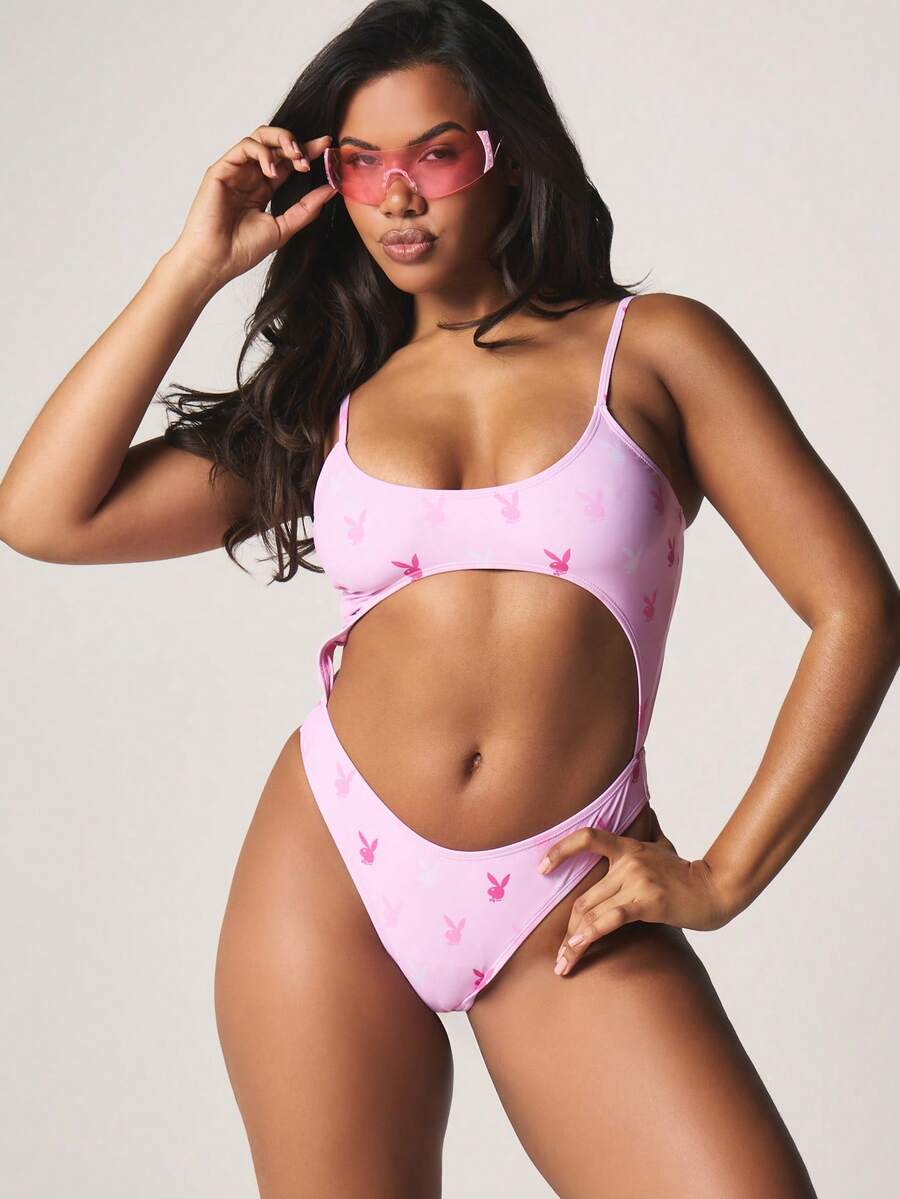 Missguided x Playboy 兔子印花镂空连体泳衣,圆领设计,适合夏季海滩度假、泳池派对、海滩休闲和夏季假期穿着。 - 彩色 - 查看 1