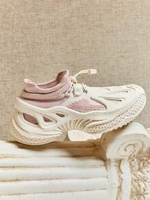 Solezae #UrbanTech Women's Cream Pink Sock-Fit Cage Sneakers – Bold 3D Feeling Outsole, Breathable Comfort & -Driven Style - Beige - View 9