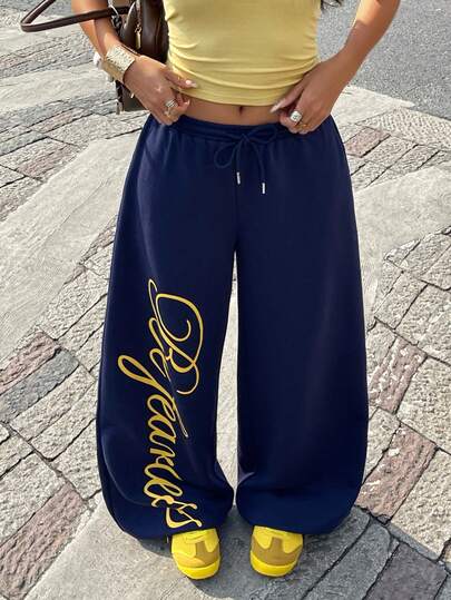 Coolane Women's & Men's Spring/Summer Streetwear Back To School Preppy Vintage  Game Day Basic Y2K Graphics Comfortable Gym Dark Blue Baggy  Wide Leg Sweatpants