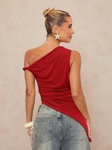 Lumalex Metal Decor Asymmetrical Twist Ruched Bodycon Top For Women - Red - View 6