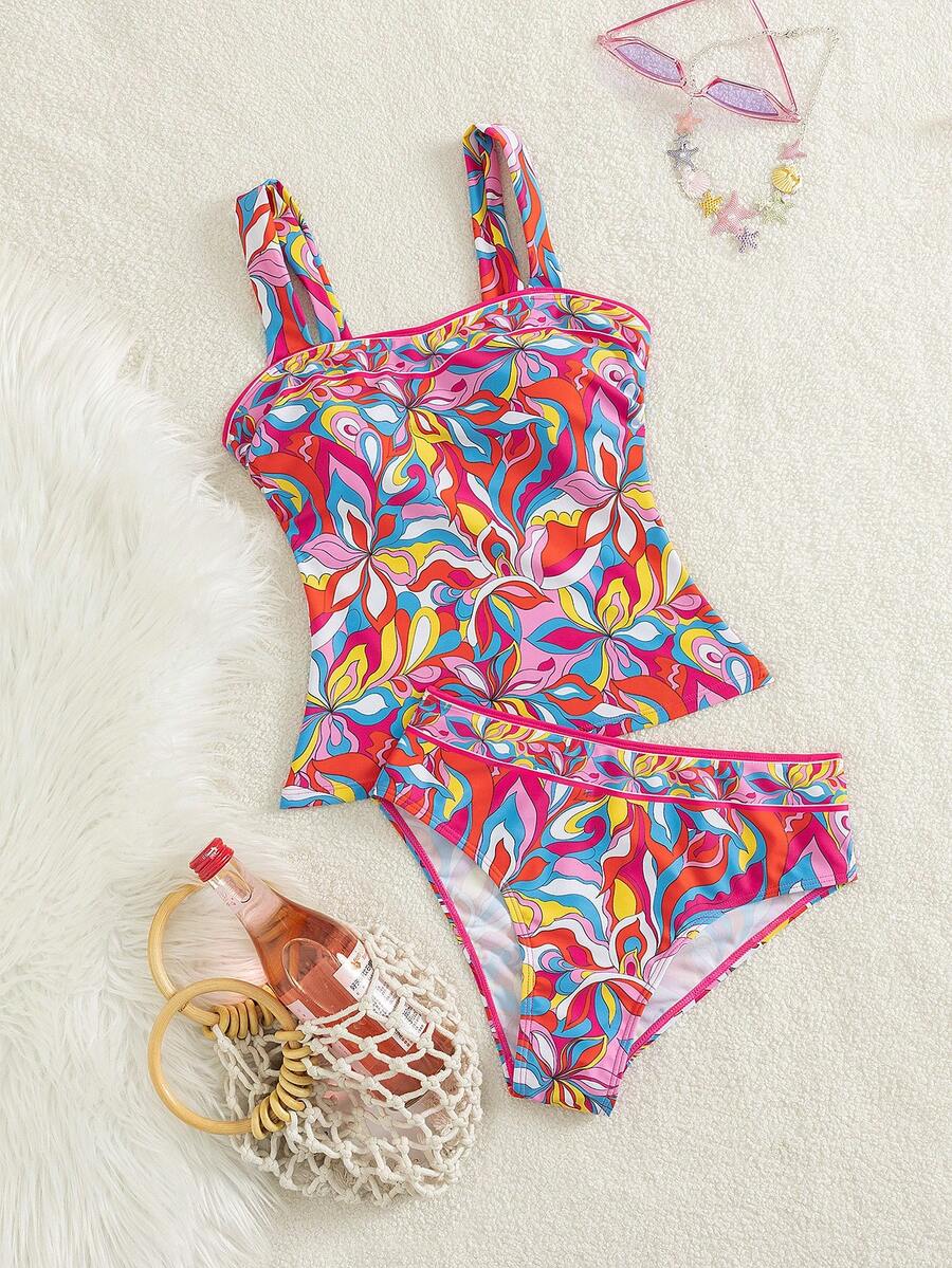 SHEIN Swim Vcay Women's Beach Music Festival Spring/Summer Flower Printed Coarse Shoulder Strap Fashion Mature Bohemian Tankini Two Pieces Set - Multicolor - View 1