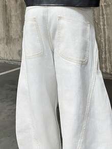 Ngobest Haus Ngobest Haus 1pc Washed Cargo Multi-Pocket Jeans, Men's Personalized Barrel Leg Loose Casual Pants (Belt And Accessories Not Included) - White - View 5