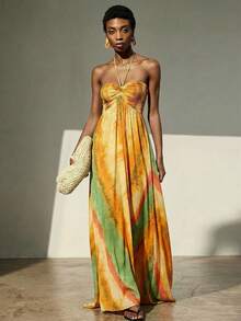 Aveloria Modichic Chiffon Tie-Dye Print Halter Neck Tie-Up Sleeveless Vacation Dress - Multicolor - View 4