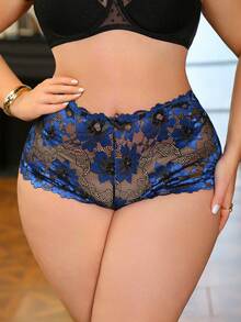 Seduluxe Plus Size Women Sexy Romantic Floral Lace Sheer Panties - Blue - View 5