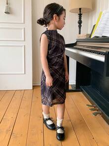 DAZY 年轻女孩夏季休闲通勤返校格子印花漏斗领连衣裙 - 棕色 - 查看 5