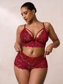 SHEIN BAE 2 件套大码女士蕾丝内衣套装 - 酒紅色 - 查看 3