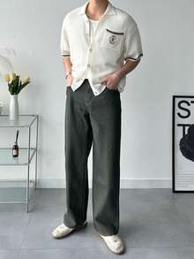 DAZY 男士针织毛衣，镂空设计，撞色领口，刺绣图案，夏季款 - 杏色 - 查看 4