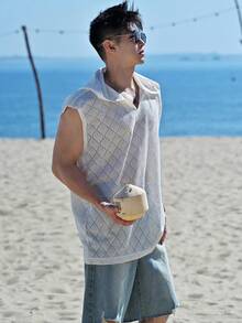 DAZY Men's Sleeveless Hooded Mesh Cover-Up, Summer - Apricot - View 6